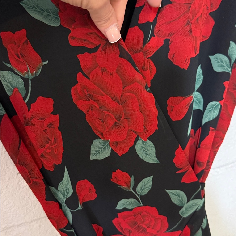 Floral Wrap Midi Dress with Lace Shoulders - Black & Red